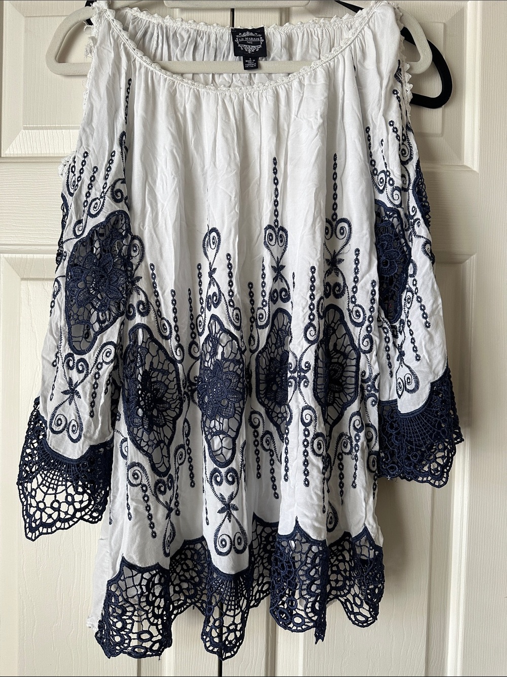 White Cold-Shoulder Blouse with Navy Embroidered Lace